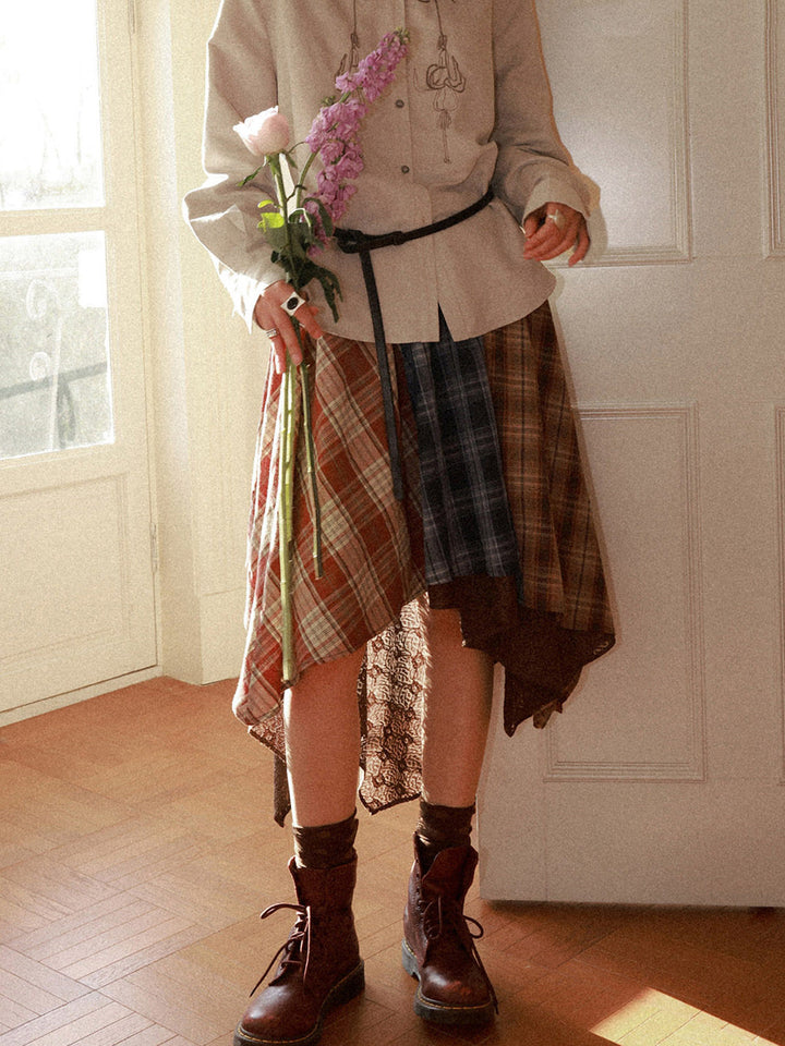 Patchwork Plaid Lace Asymmetrical Midi Skirt