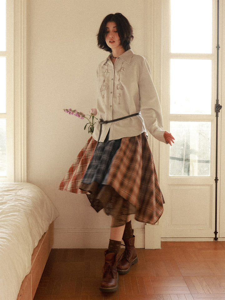 Patchwork Plaid Lace Asymmetrical Midi Skirt