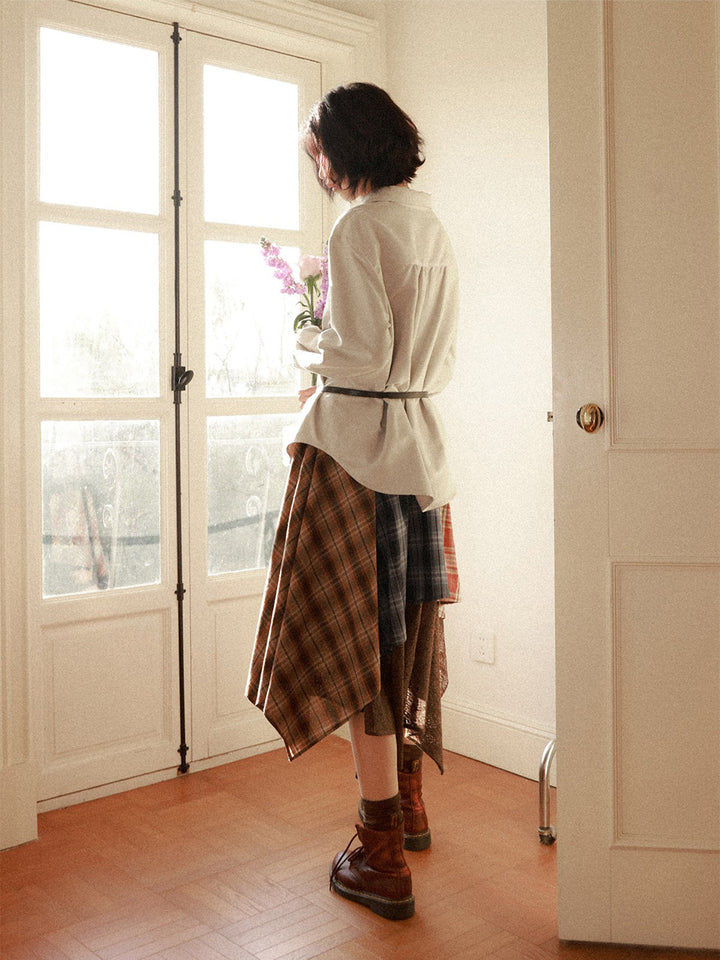 Patchwork Plaid Lace Asymmetrical Midi Skirt