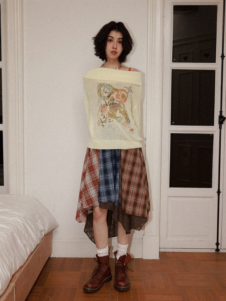 Patchwork Plaid Lace Asymmetrical Midi Skirt