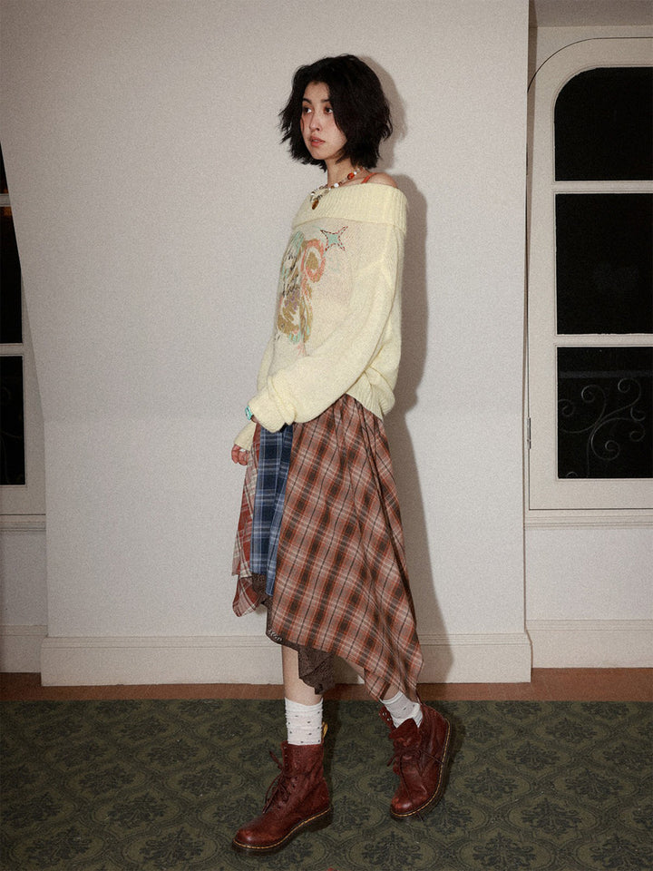 Patchwork Plaid Lace Asymmetrical Midi Skirt