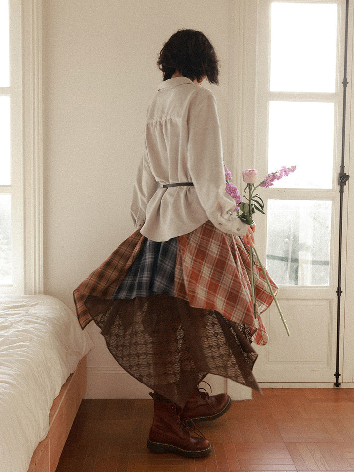 Patchwork Plaid Lace Asymmetrical Midi Skirt
