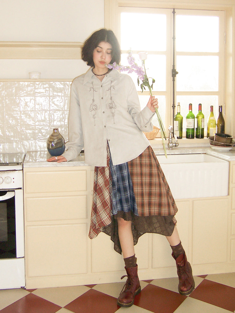 Patchwork Plaid Lace Asymmetrical Midi Skirt