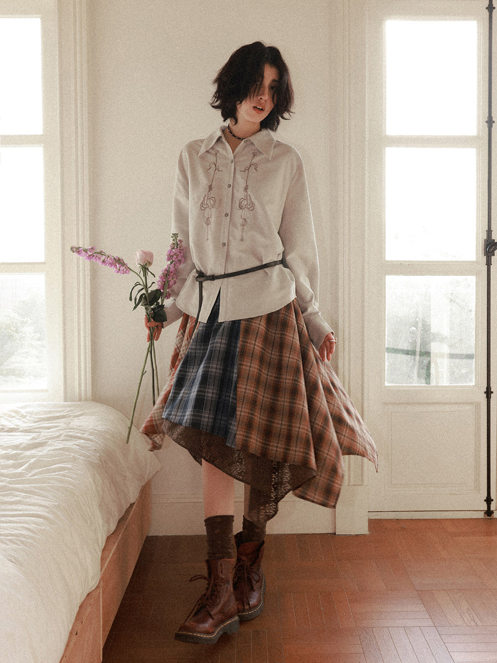 Patchwork Plaid Lace Asymmetrical Midi Skirt