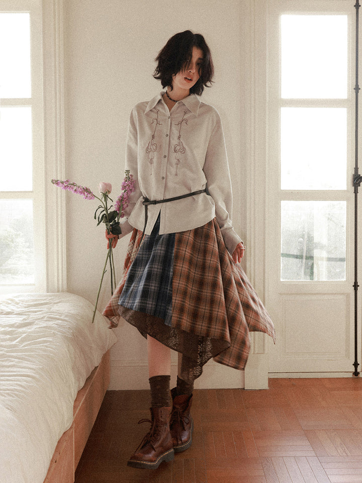Patchwork Plaid Lace Asymmetrical Midi Skirt