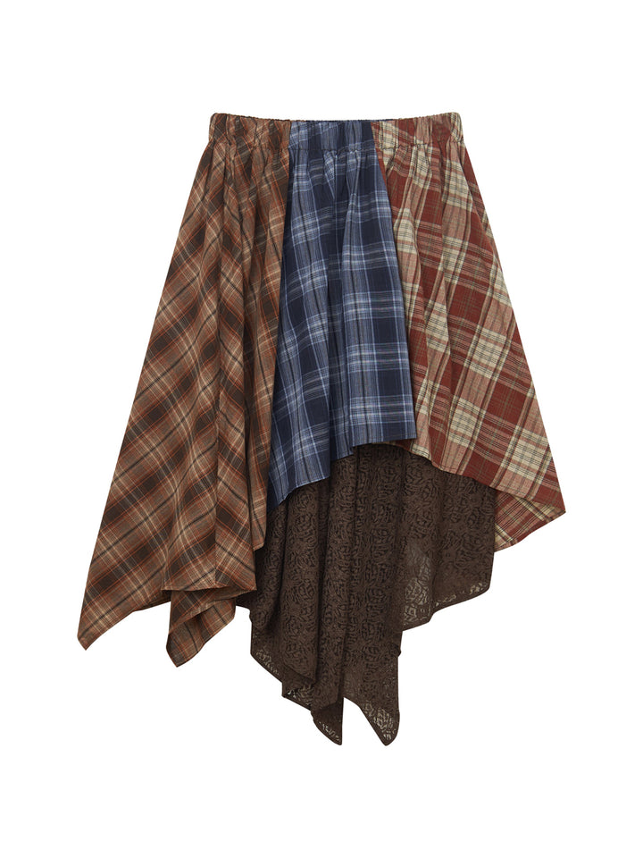 Patchwork Plaid Lace Asymmetrical Midi Skirt