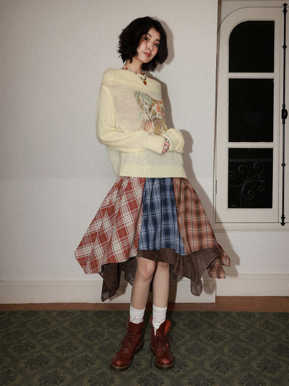 Patchwork Plaid Lace Asymmetrical Midi Skirt