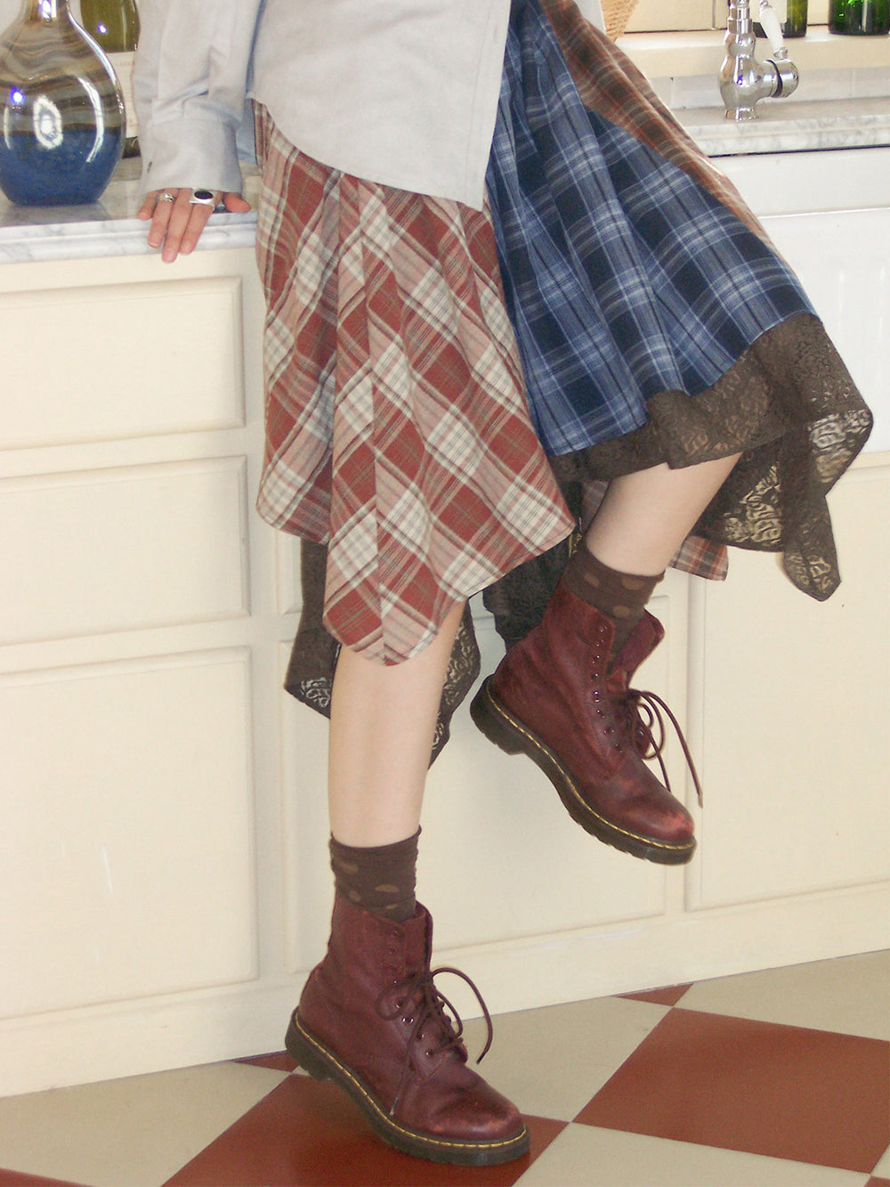 Patchwork Plaid Lace Asymmetrical Midi Skirt