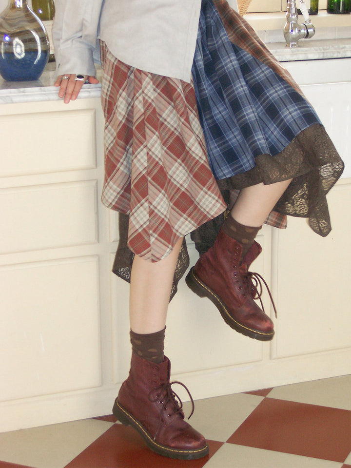 Patchwork Plaid Lace Asymmetrical Midi Skirt