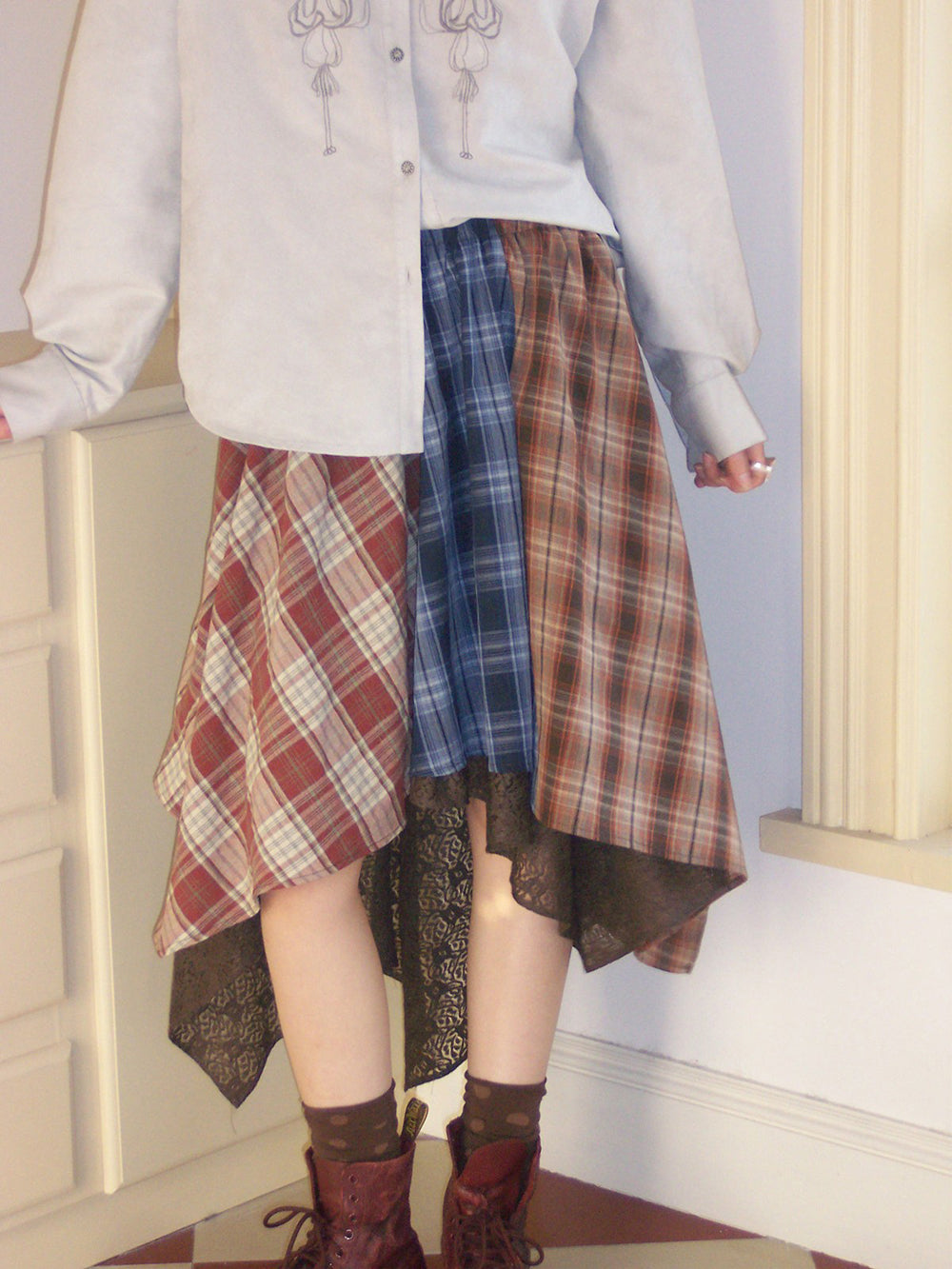 Patchwork Plaid Lace Asymmetrical Midi Skirt