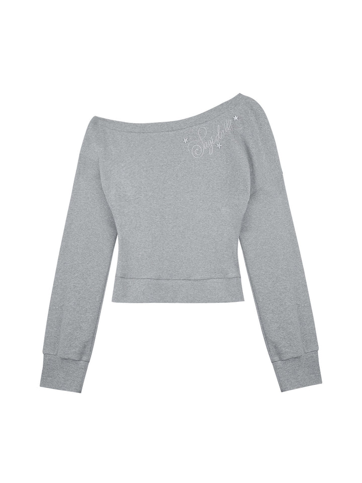 Star Script Off-Shoulder Long Sleeve Top