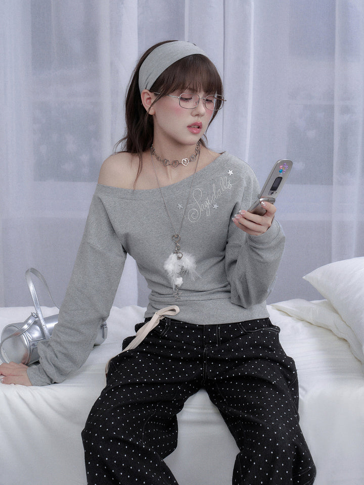 Star Script Off-Shoulder Long Sleeve Top