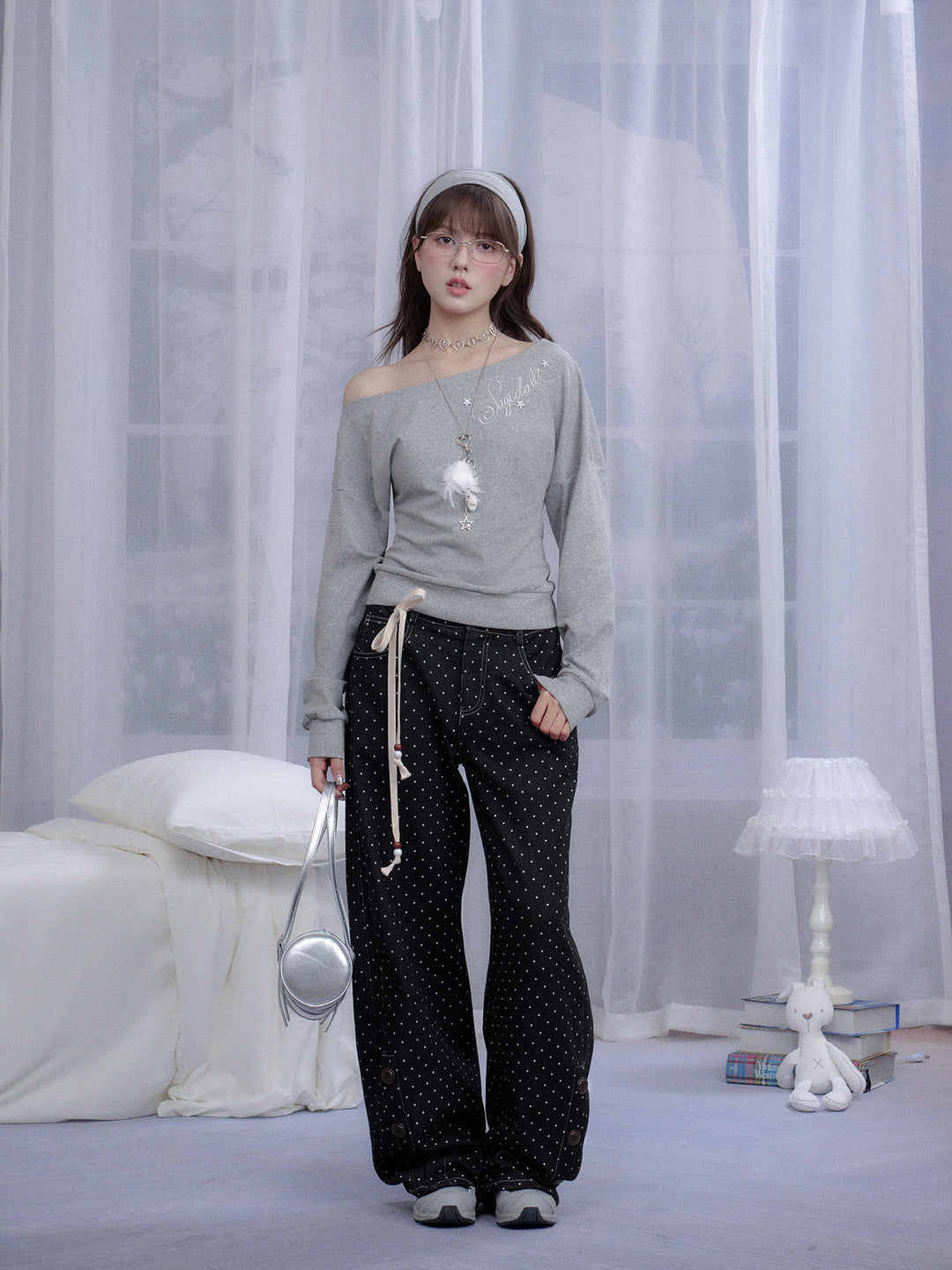 Star Script Off-Shoulder Long Sleeve Top