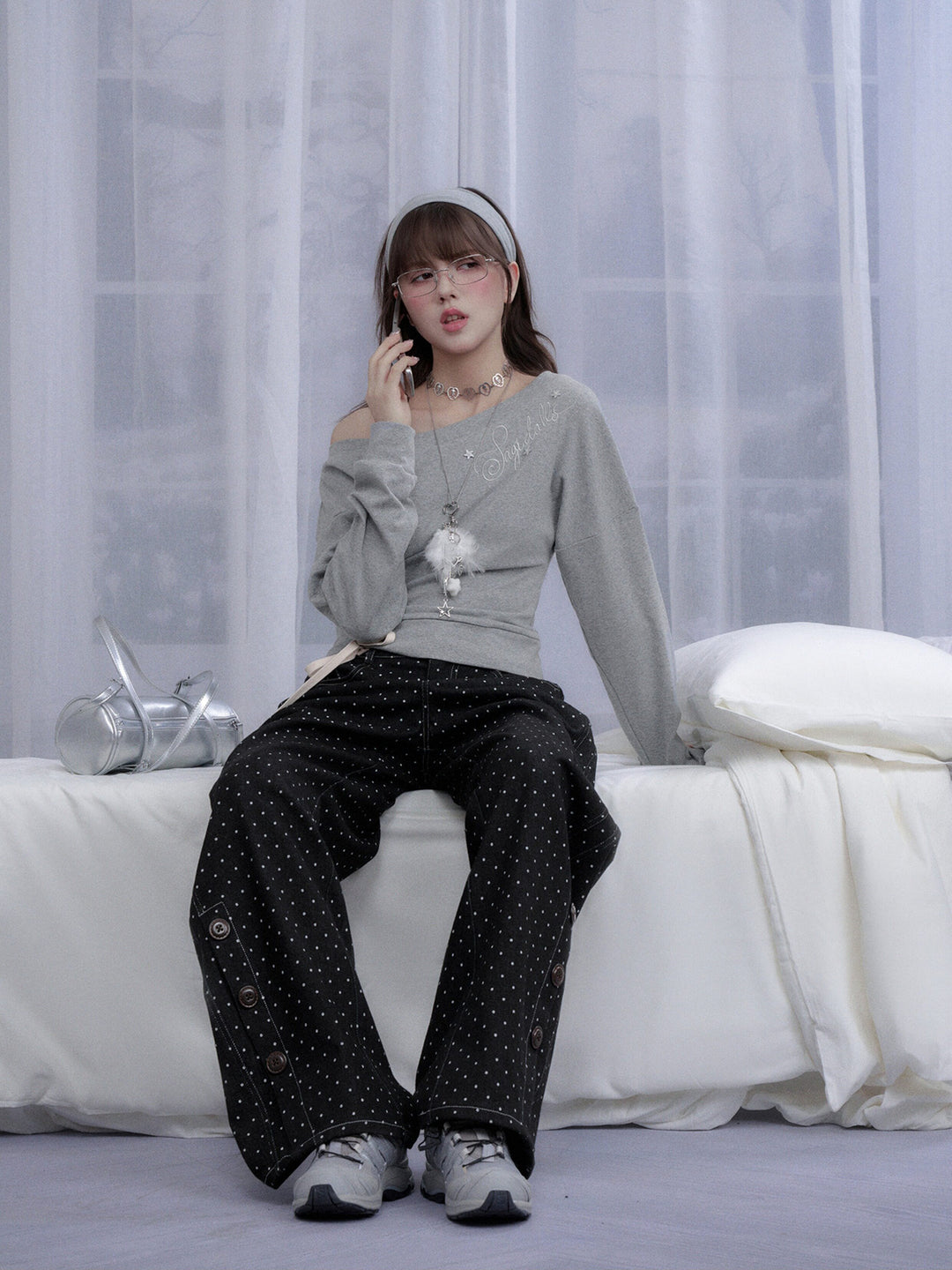 Star Script Off-Shoulder Long Sleeve Top