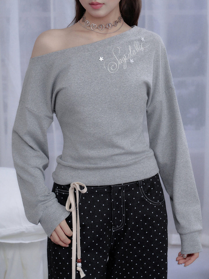 Star Script Off-Shoulder Long Sleeve Top