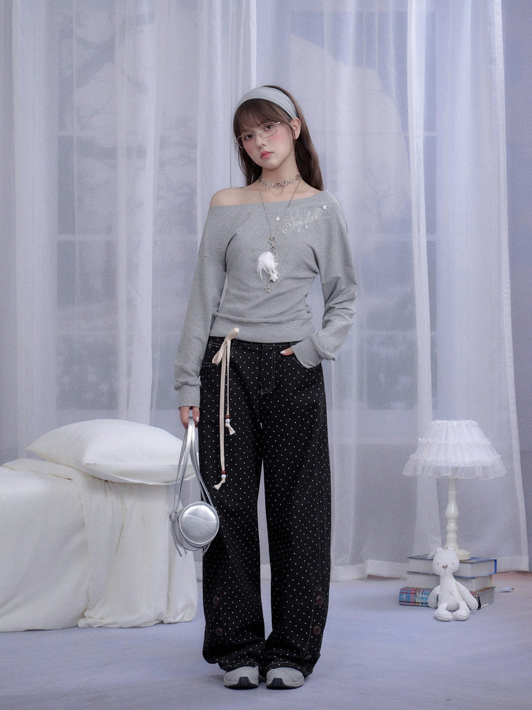 Star Script Off-Shoulder Long Sleeve Top
