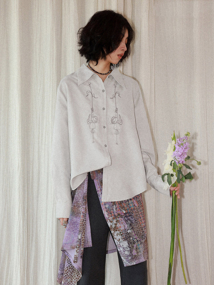 Floral Embroidery Long Sleeve Button-Up Shirt