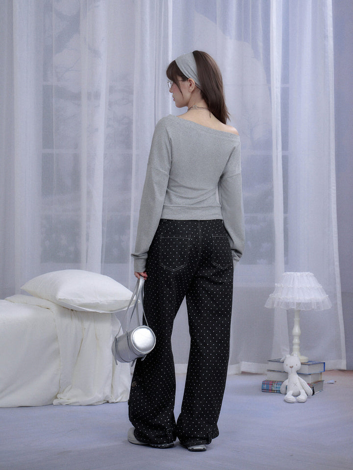 Star Script Off-Shoulder Long Sleeve Top