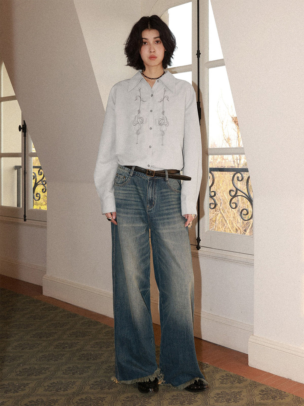 Floral Embroidery Long Sleeve Button-Up Shirt
