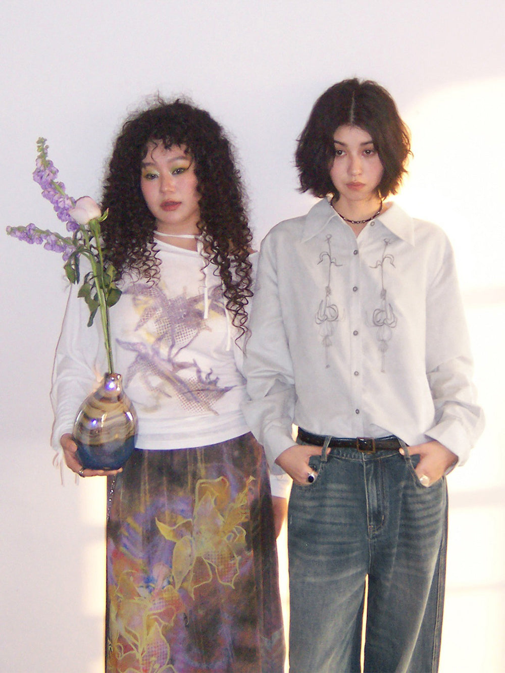 Floral Embroidery Long Sleeve Button-Up Shirt