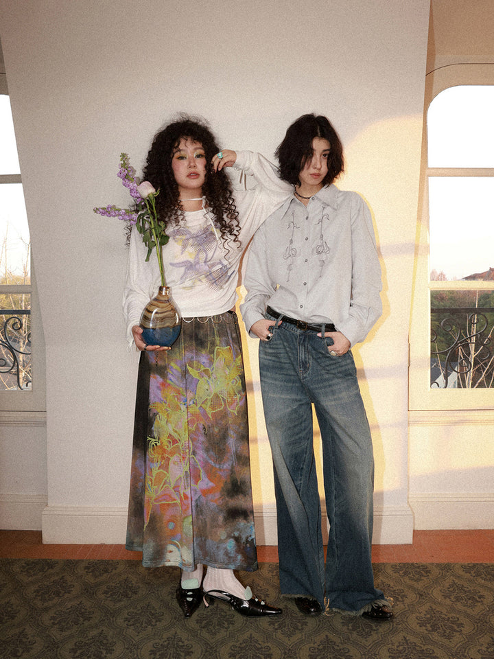 Floral Embroidery Long Sleeve Button-Up Shirt