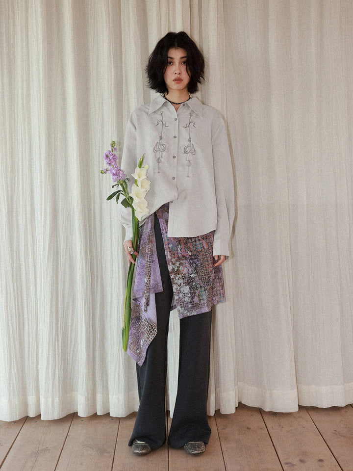 Floral Embroidery Long Sleeve Button-Up Shirt