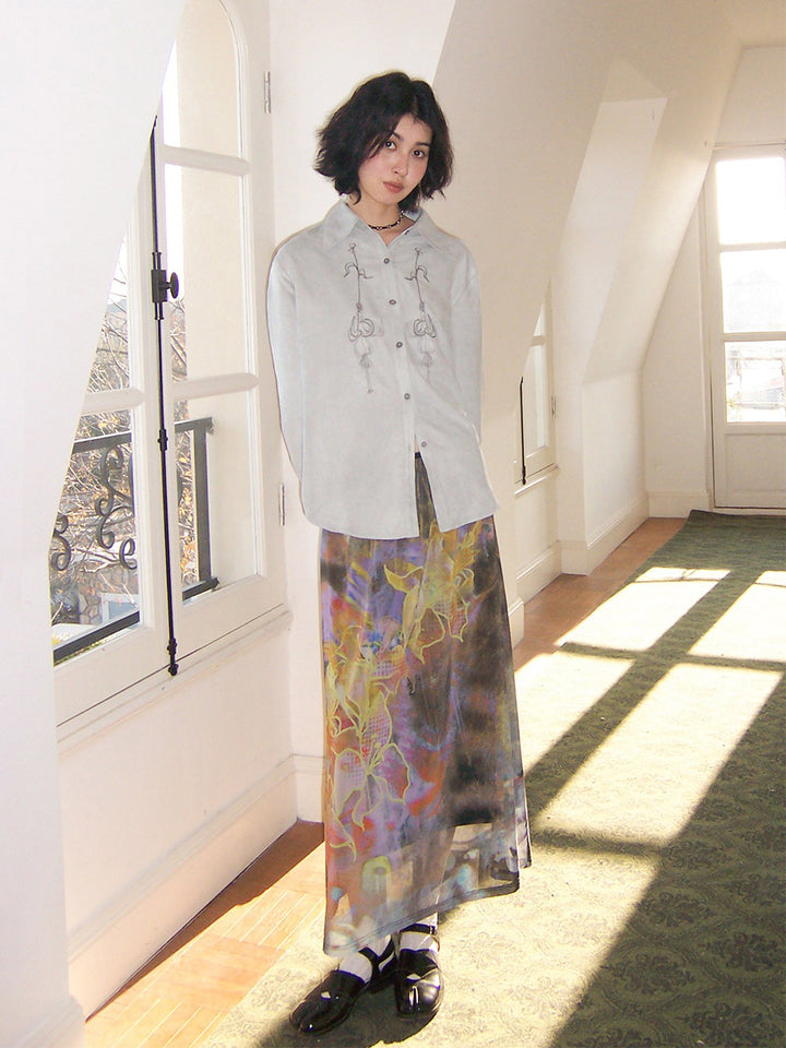 Floral Embroidery Long Sleeve Button-Up Shirt