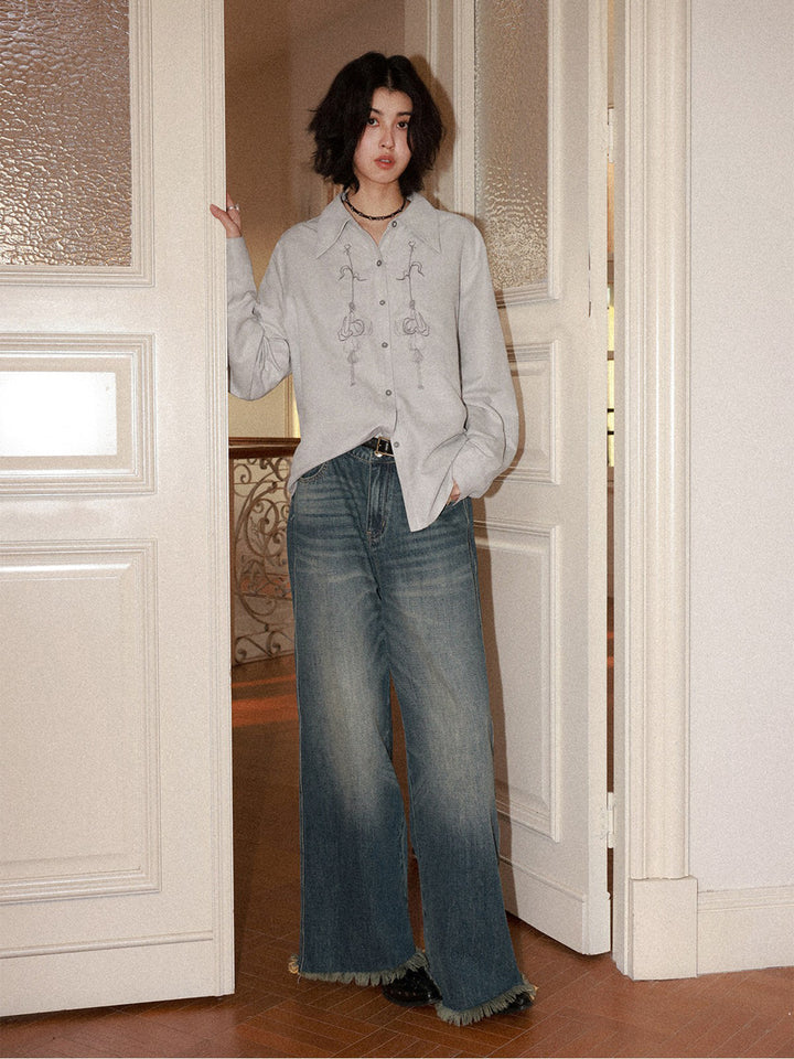 Floral Embroidery Long Sleeve Button-Up Shirt