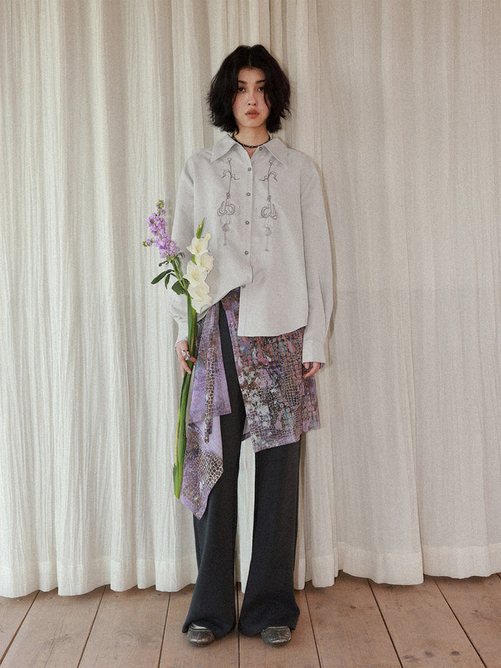 Floral Embroidery Long Sleeve Button-Up Shirt