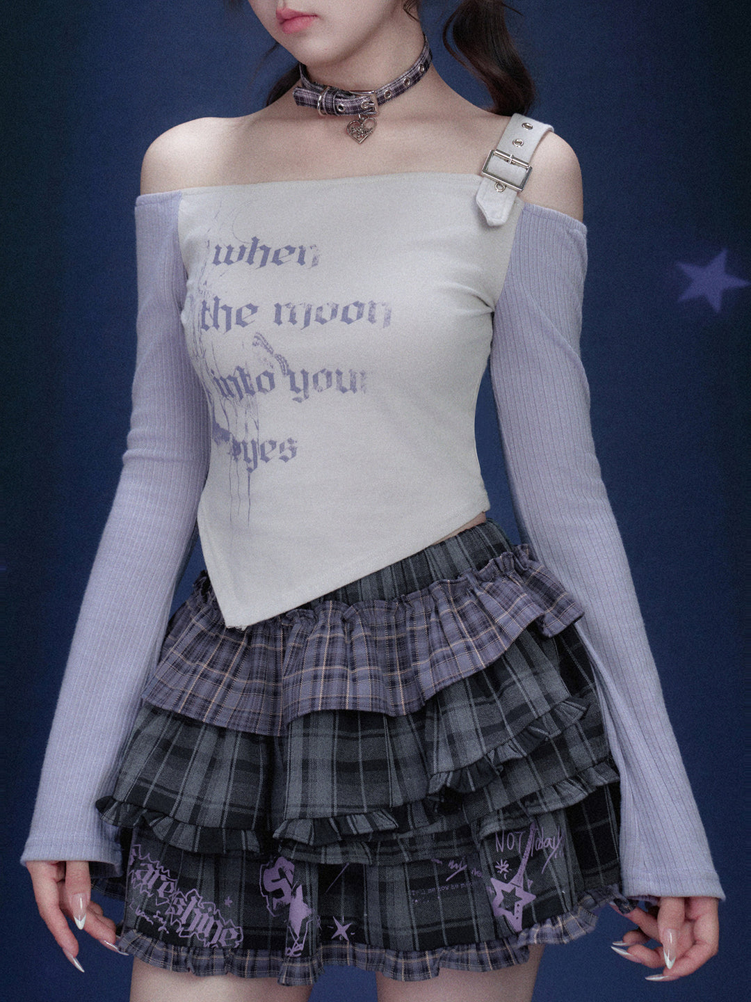 Buckle Strap Off-Shoulder Graphic Top