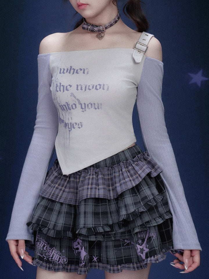 Buckle Strap Off-Shoulder Graphic Top