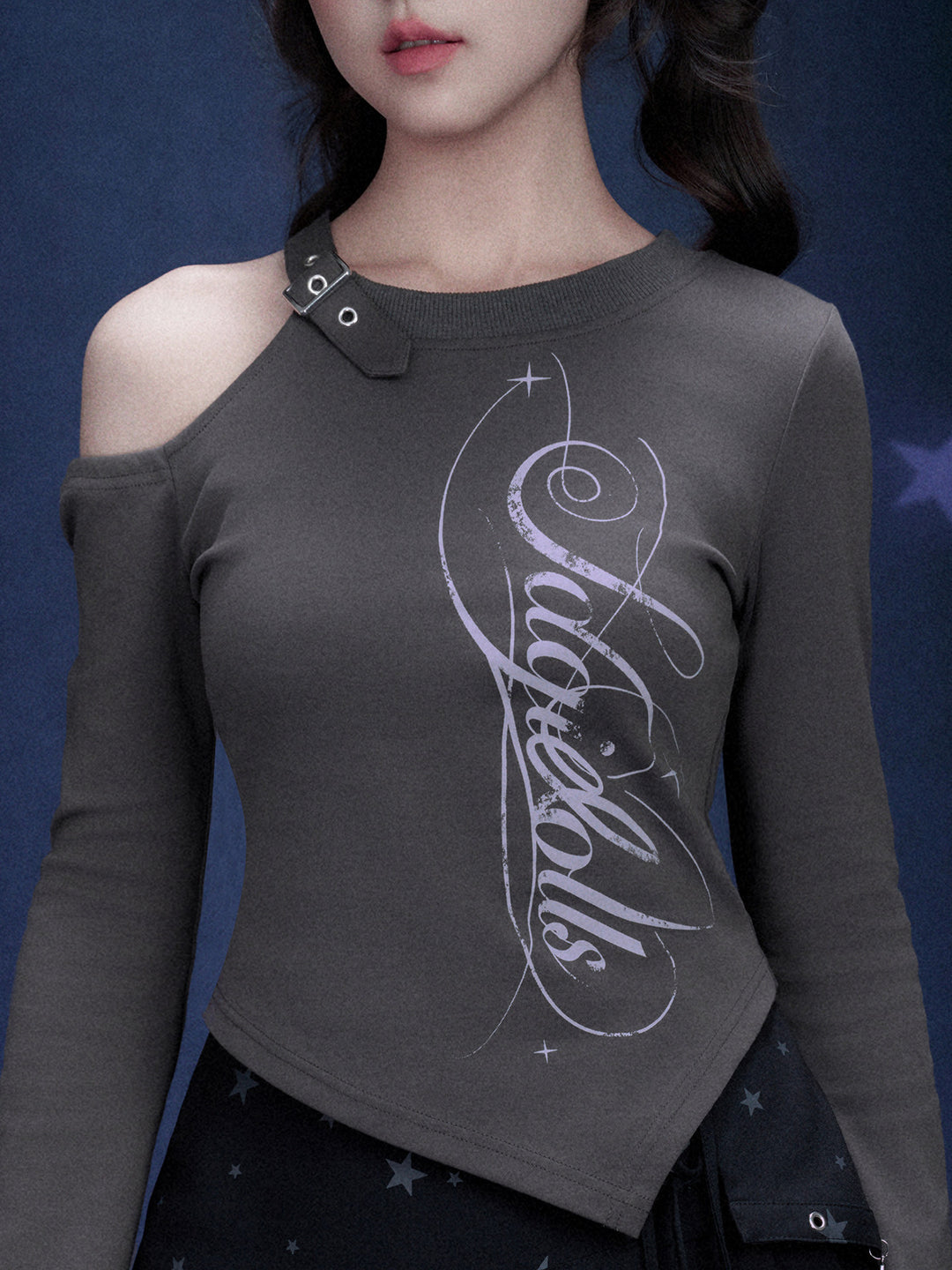 Buckle Cutout Graphic Long Sleeve Top