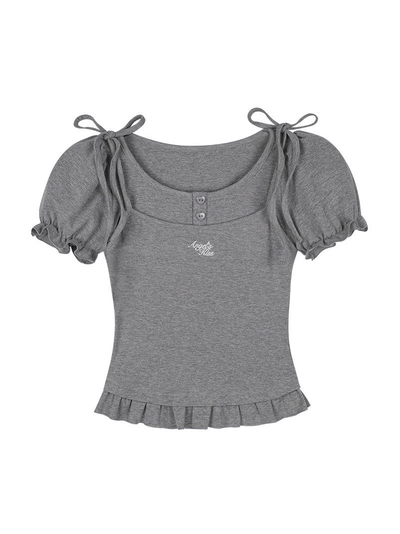 Bow Shoulder Puff Sleeve Ruffle Tee