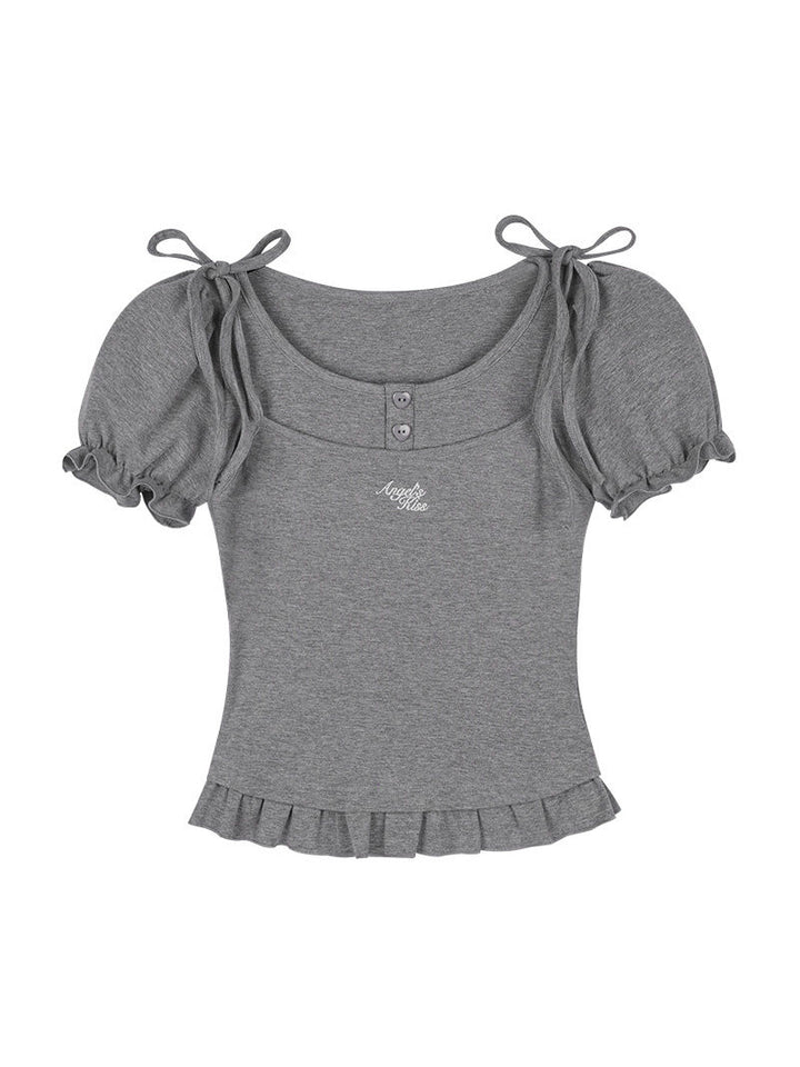Bow Shoulder Puff Sleeve Ruffle Tee