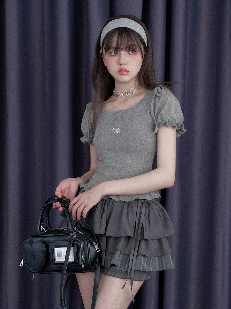Bow Shoulder Puff Sleeve Ruffle Tee