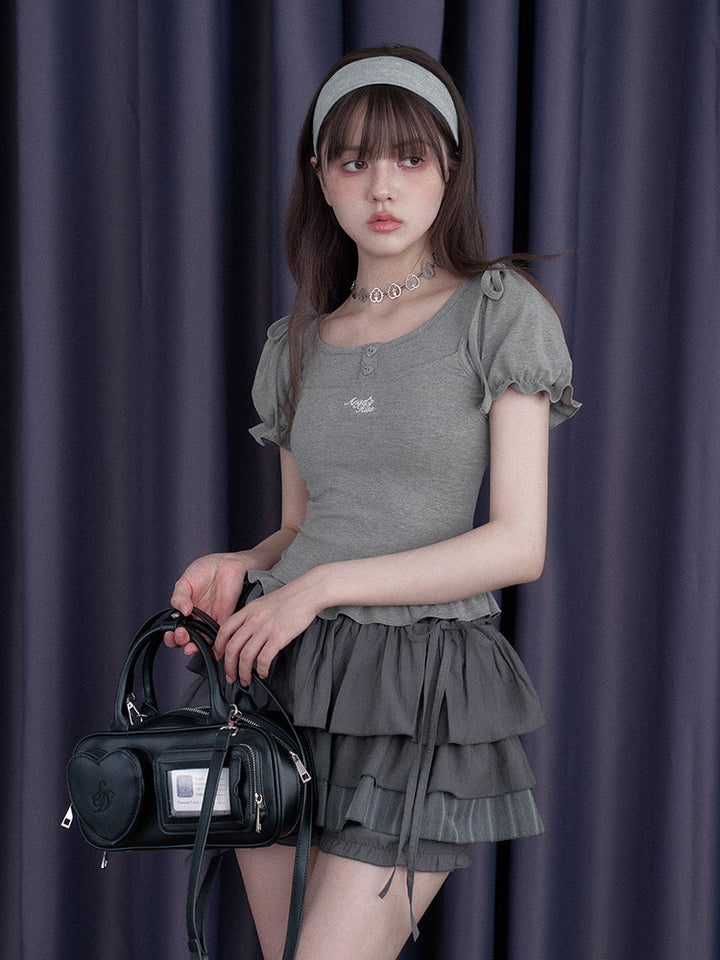 Bow Shoulder Puff Sleeve Ruffle Tee