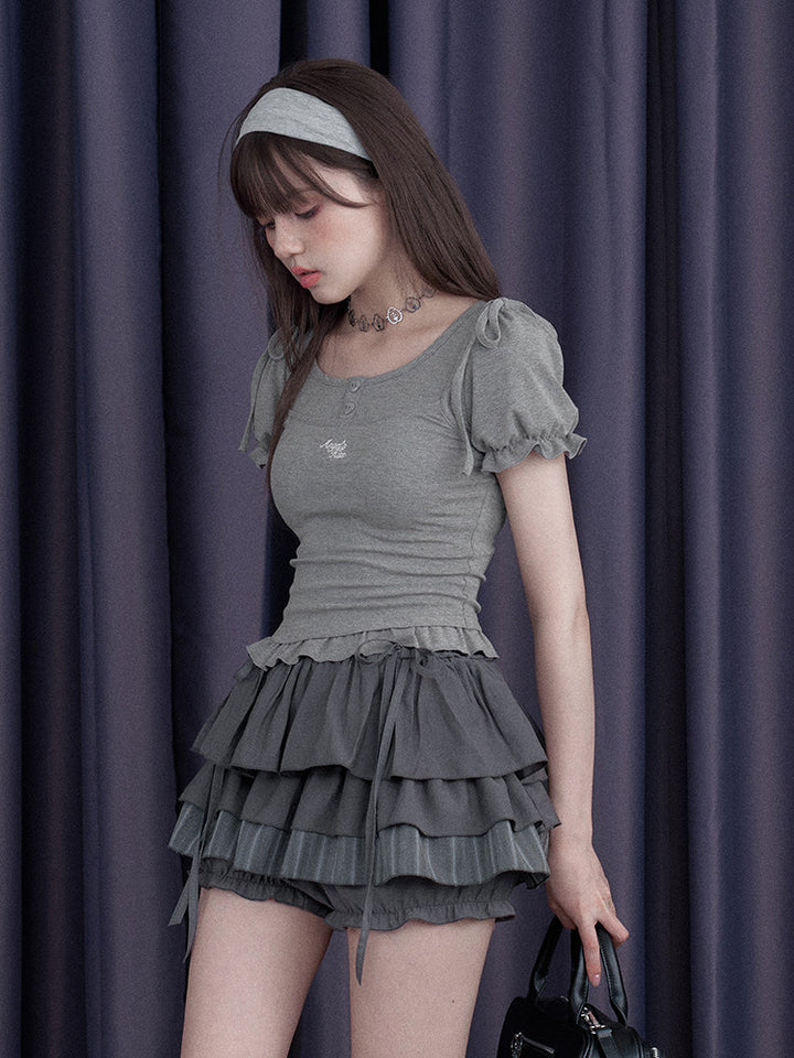 Bow Shoulder Puff Sleeve Ruffle Tee