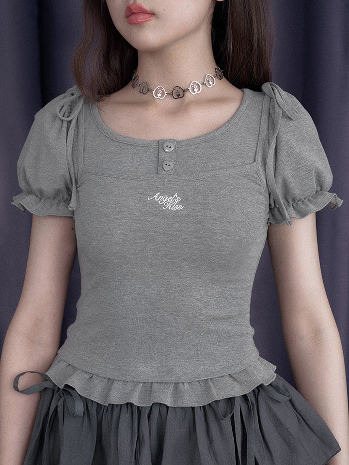 Bow Shoulder Puff Sleeve Ruffle Tee