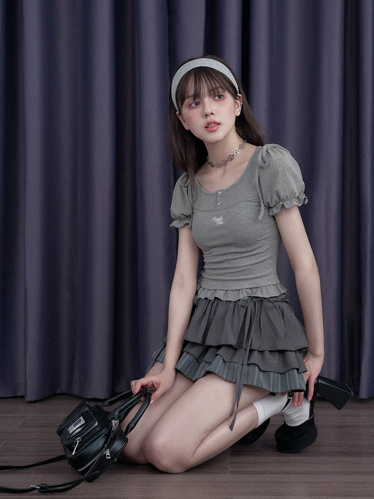 Bow Shoulder Puff Sleeve Ruffle Tee