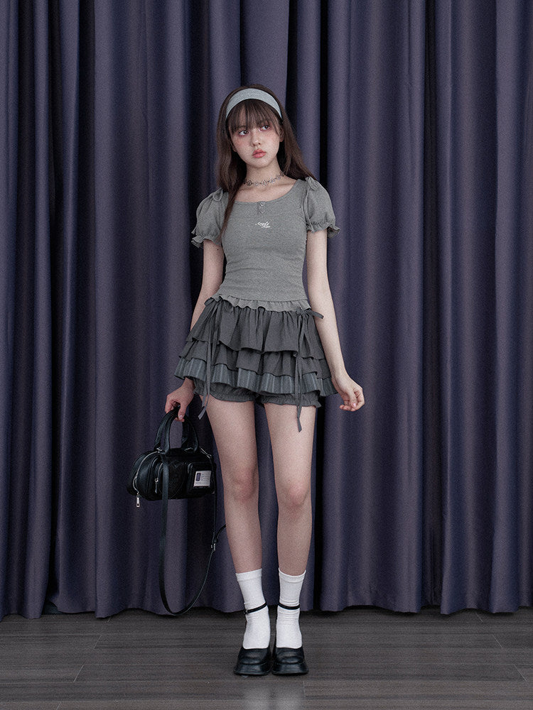Bow Shoulder Puff Sleeve Ruffle Tee