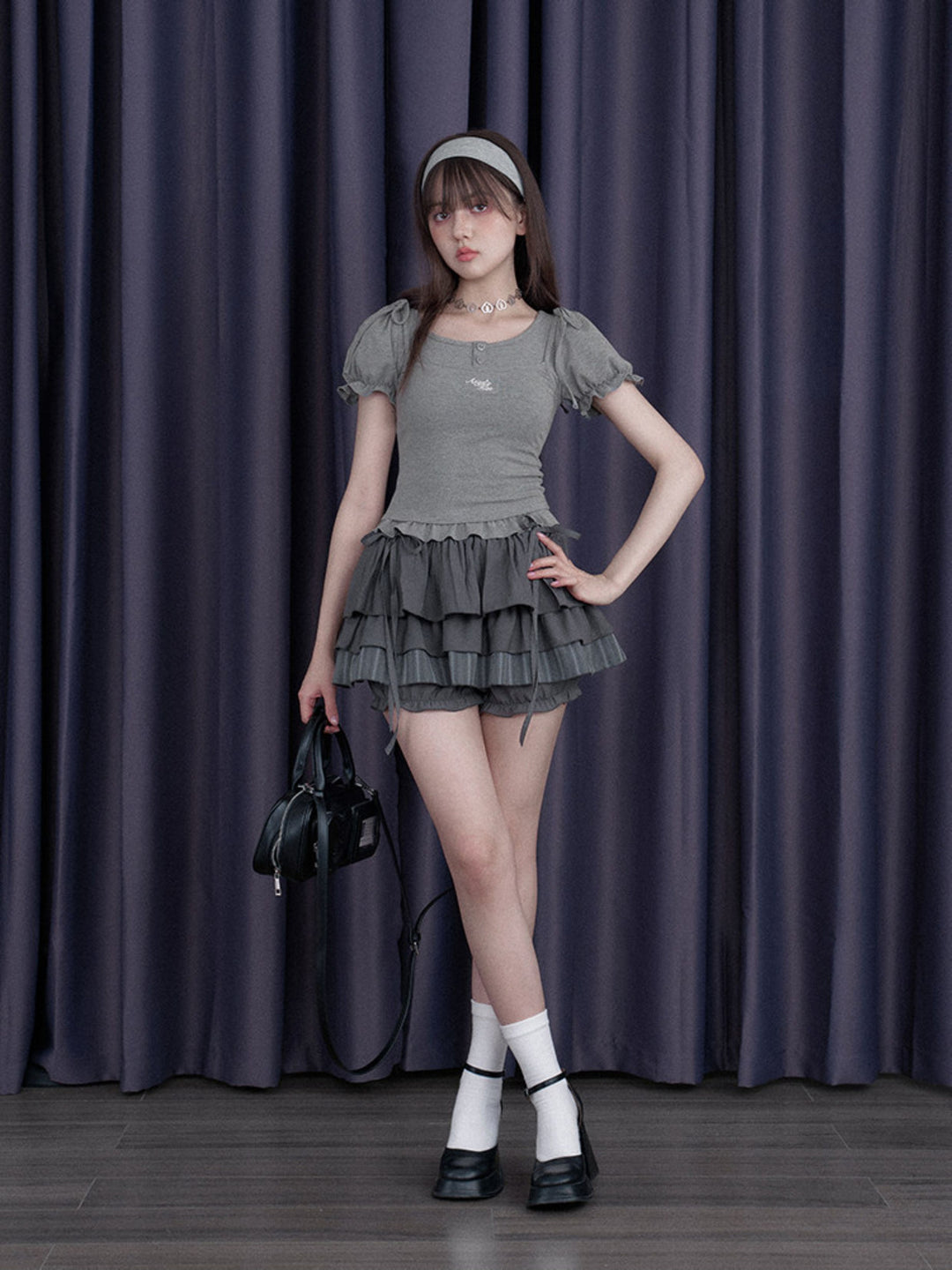 Bow Shoulder Puff Sleeve Ruffle Tee