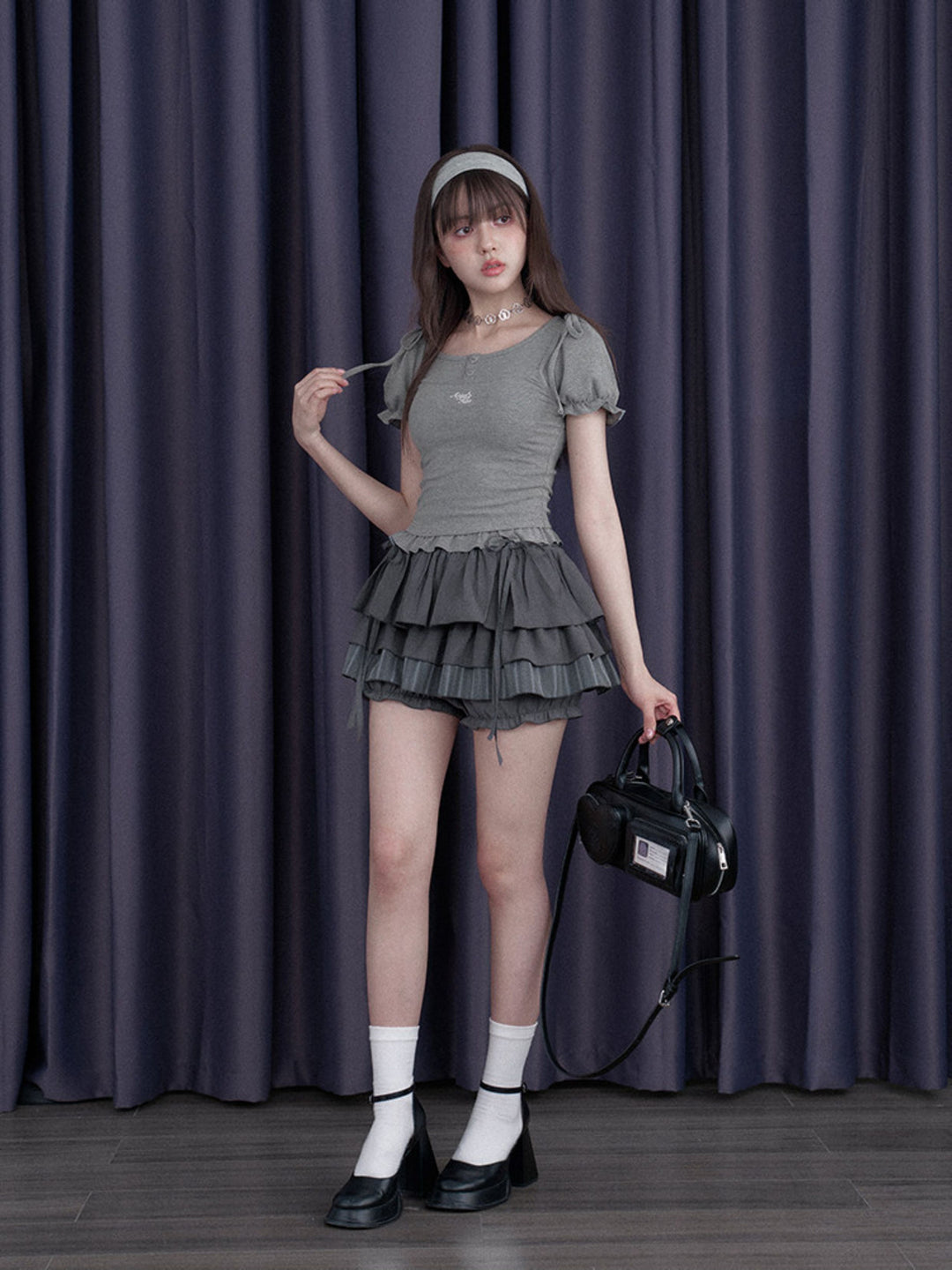 Bow Shoulder Puff Sleeve Ruffle Tee