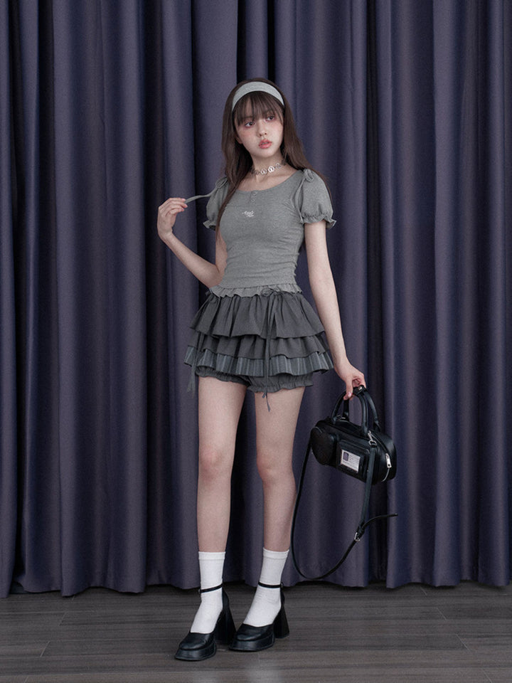 Bow Shoulder Puff Sleeve Ruffle Tee