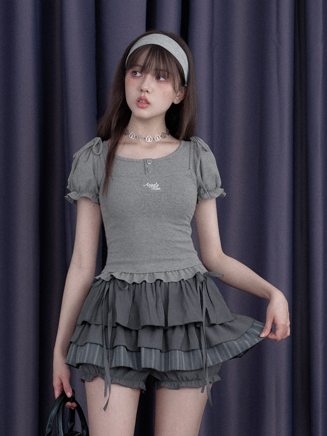 Bow Shoulder Puff Sleeve Ruffle Tee