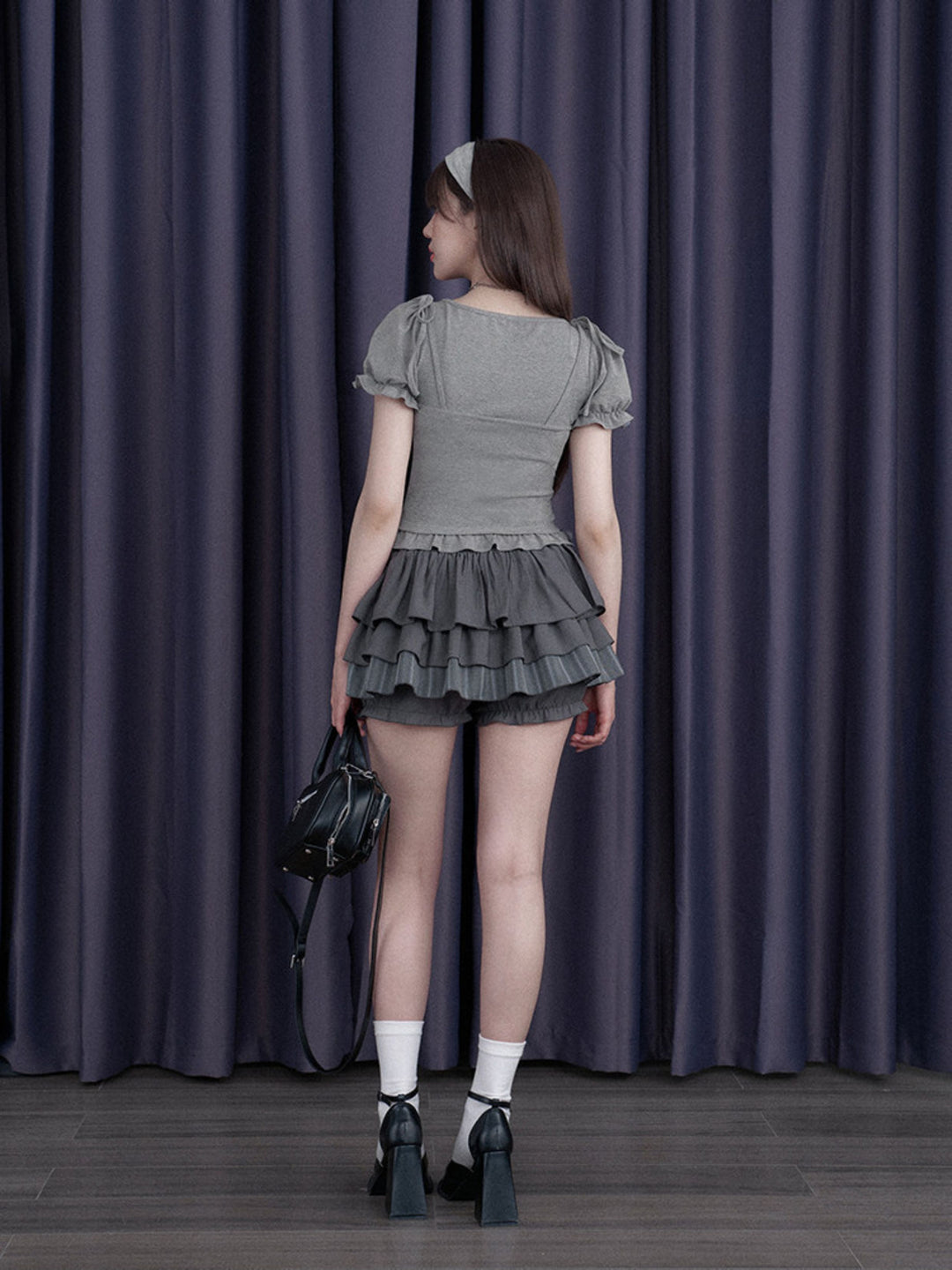 Bow Shoulder Puff Sleeve Ruffle Tee