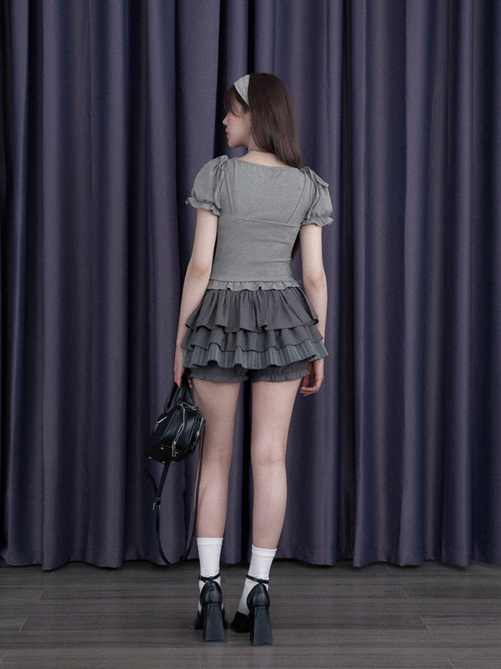 Bow Shoulder Puff Sleeve Ruffle Tee