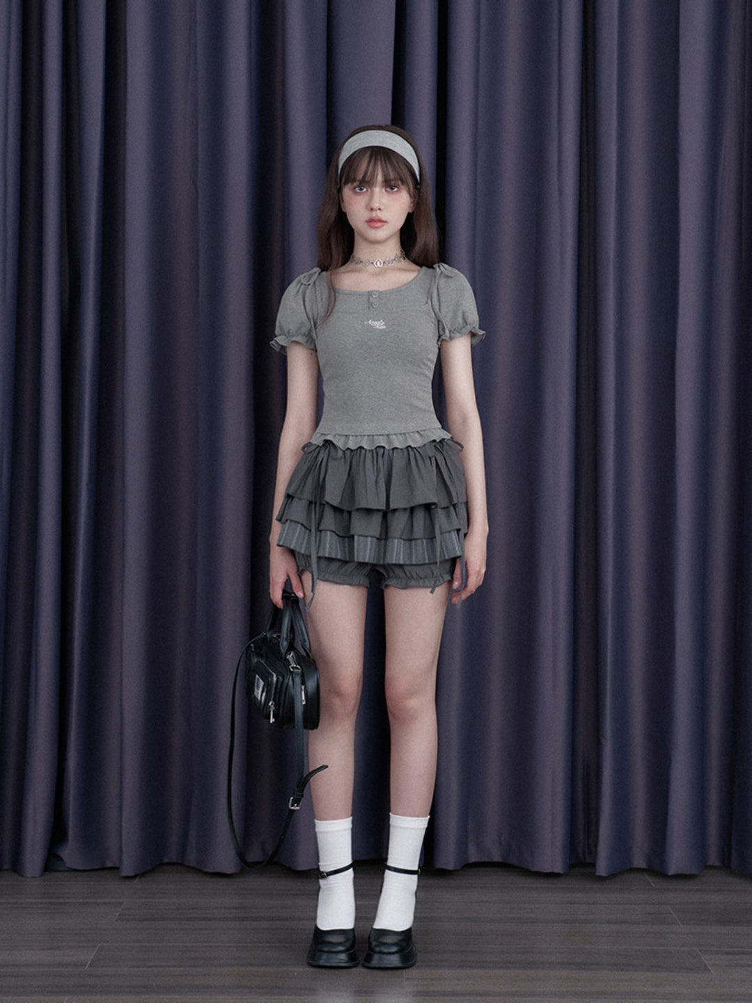 Bow Shoulder Puff Sleeve Ruffle Tee