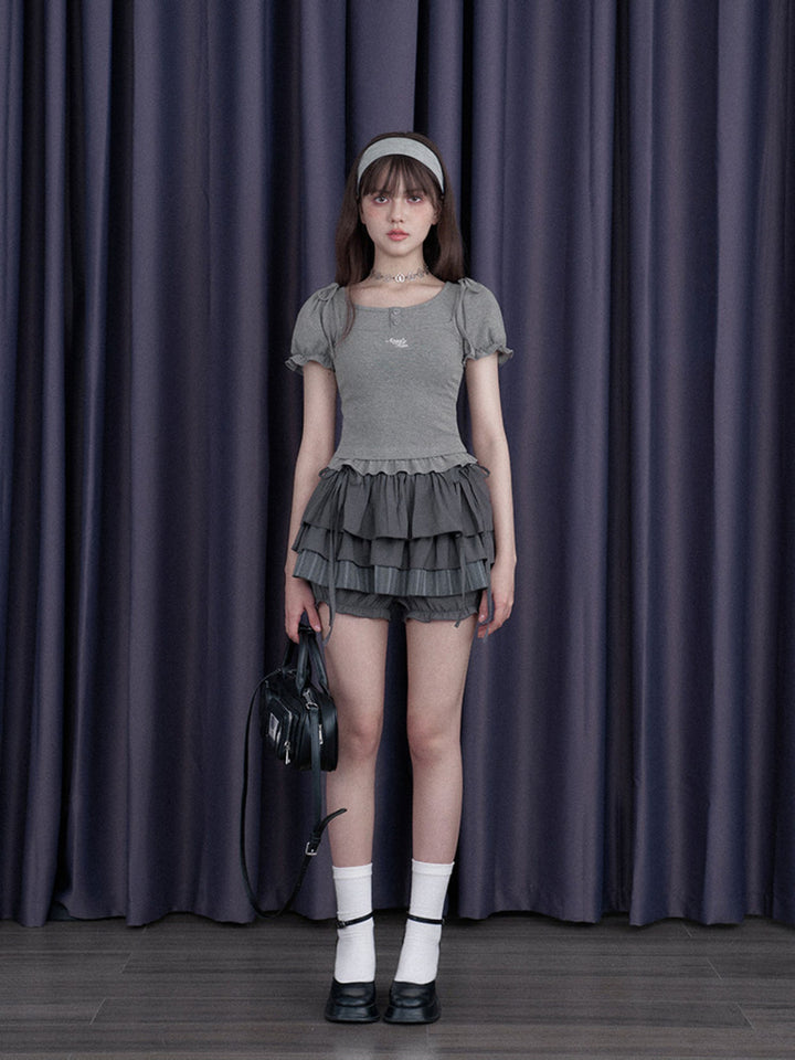 Bow Shoulder Puff Sleeve Ruffle Tee