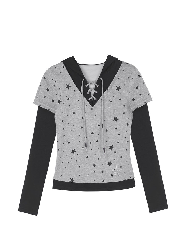 Star Print Layered Hooded T-Shirt