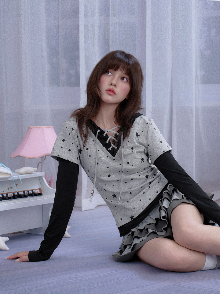 Star Print Layered Hooded T-Shirt